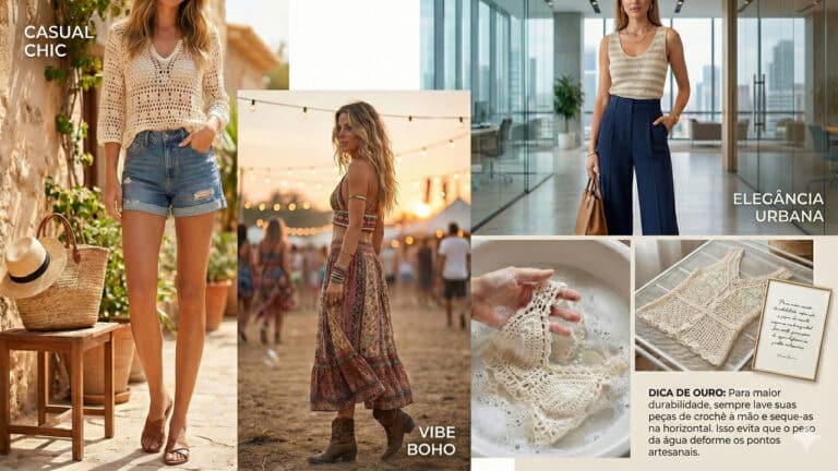 Uma colagem vertical e horizontal composta por quatro partes, apresentando looks com peças de crochê e dicas de conservação.