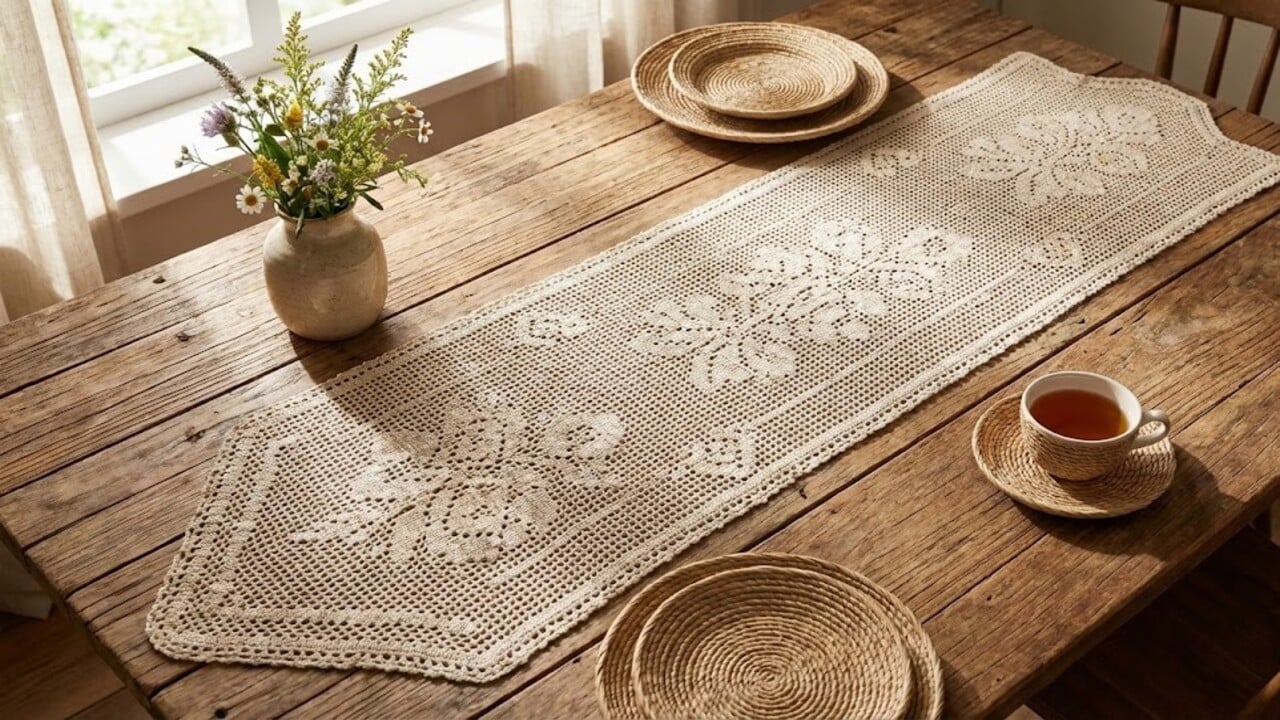 Caminho de mesa em crochê filé e o toque de elegância artesanal que valoriza a sua casa