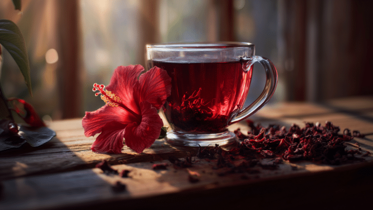 Ao centro uma xicara de chá com flor de hibisco ao lado