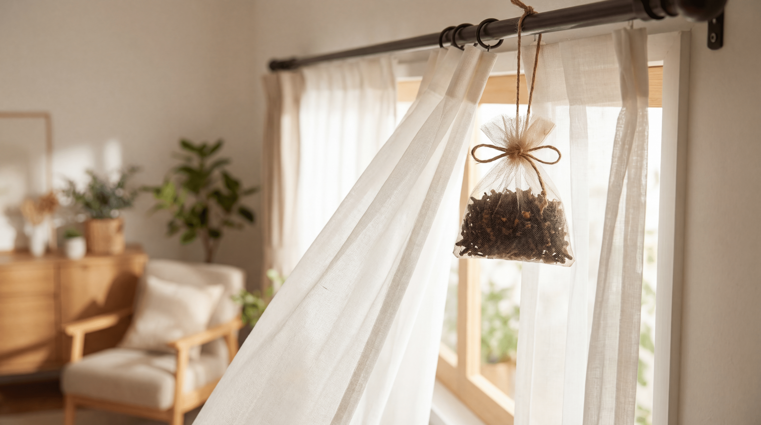 Coloque um saquinho de tule com cravo-da-índia atrás das cortinas e mantenha os mosquitos longe sem usar veneno