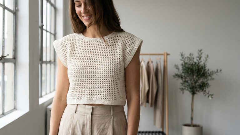 Mulher sorrindo usando cropped de croche off-white em estudio de moda urbana com fundo limpo