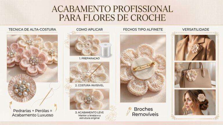 Infografico detalhado sobre acabamento profissional para flores de croche, mostrando tecnicas com pedrarias e perolas, aplicacao de fechos tipo alfinete e versatilidade de uso em casacos bolsas e acessorios de cabelo