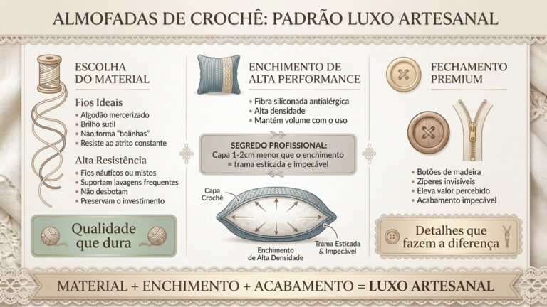 Infografico educativo sobre como criar almofadas de croche de luxo artesanal com dicas de materiais enchimento e fechamento premium