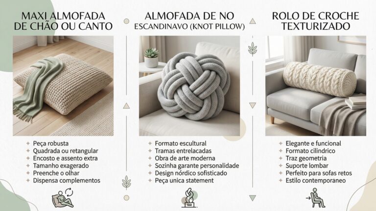 Infografico apresentando tres tipos de almofadas statement de croche: maxi almofada de chao, almofada de no escandinavo e rolo texturizado