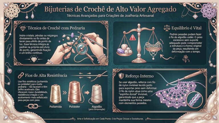 Infografico sobre tecnicas para criar bijuterias de croche de alto valor com pedrarias cristais e escolha correta de fios resistentes