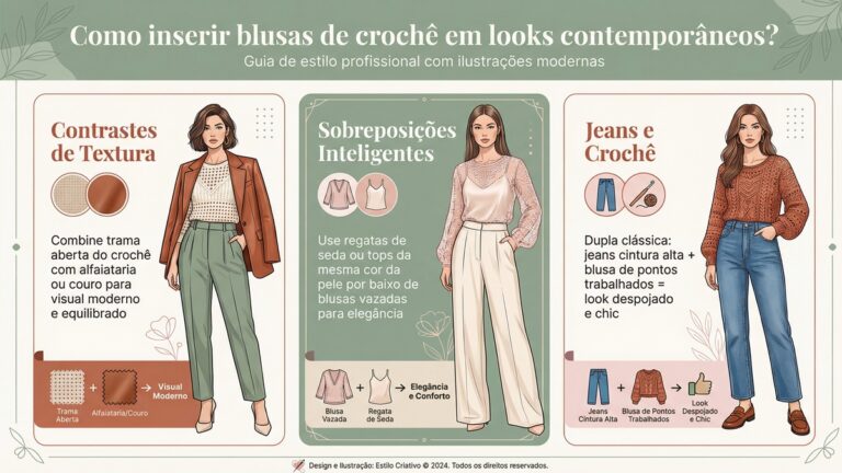 Infografico de moda com tres dicas para usar blusas de croche em looks contemporaneos incluindo contrastes de textura e sobreposicoes