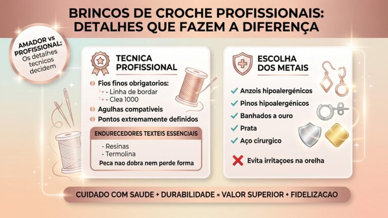 Infografico sobre tecnicas profissionais para confeccao de brincos de croche com detalhes sobre materiais endurecedores e metais hipoalergenicos