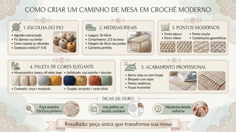 Infografico passo a passo para criar caminho de mesa em croche moderno, incluindo escolha de fios, medidas ideais, pontos modernos, paleta de cores elegante e acabamento profissional