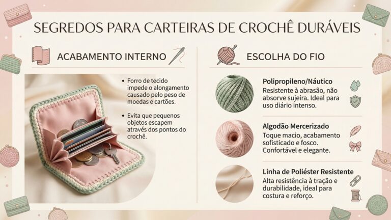 Infografico educativo sobre durabilidade de carteiras de croche, mostrando dicas de acabamento interno com forro e tipos de fios recomendados