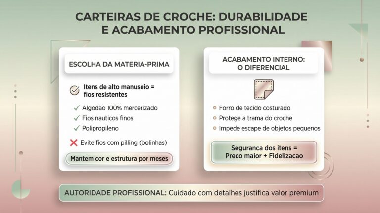 Infografico sobre escolha de materiais e acabamento profissional para carteiras de croche com dicas de durabilidade e fidelizacao de clientes