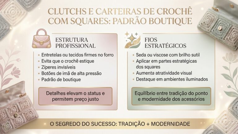 Infografico educativo sobre como criar clutchs e carteiras de croche com squares em padrao boutique com dicas de estrutura e fios estrategicos