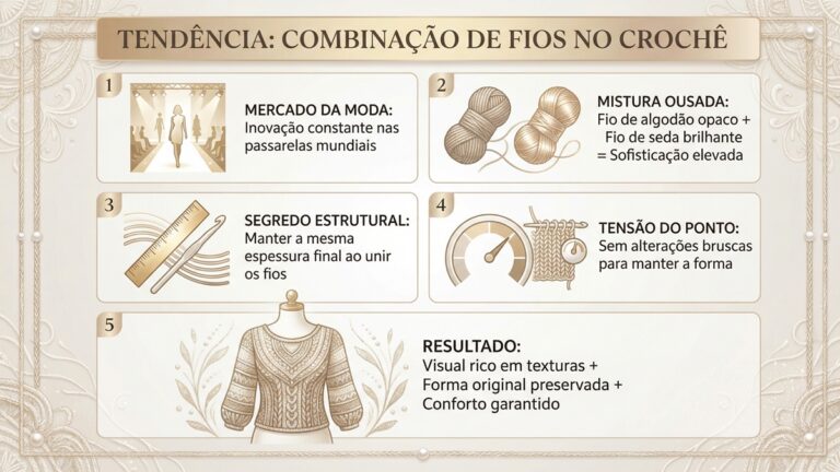 Infografico educativo sobre tendencia de combinacao de diferentes fios texteis no croche de moda