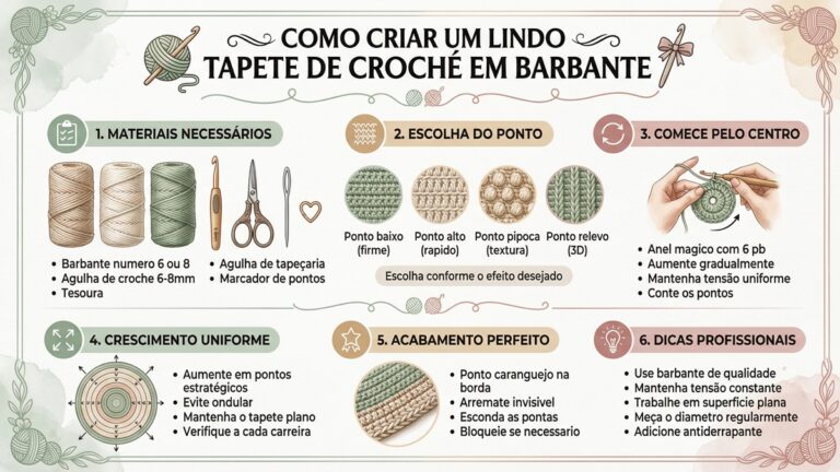 Infografico passo a passo completo ensinando como criar um tapete de croche em barbante, desde materiais ate acabamento profissional