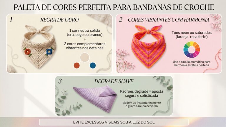 Infografico educativo mostrando como escolher paletas de cores para bandanas de croche, com regra de ouro, cores vibrantes e degrade suave