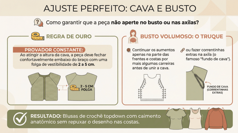Infografico em portugues sobre ajuste perfeito de cava e busto em blusas de croche com dicas de folga e tecnicas para busto volumoso