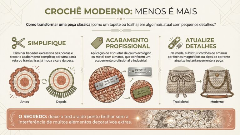Infografico em portugues sobre croche moderno com dicas de simplificacao, acabamento profissional e atualizacao de detalhes