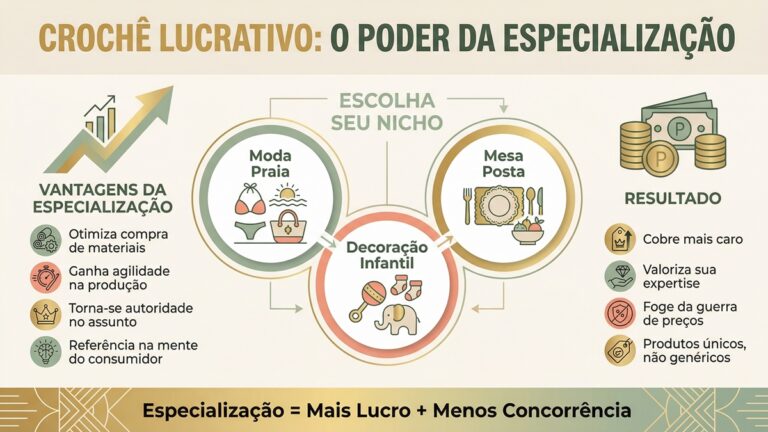 Infografico de negocios sobre especializacao em croche mostrando nichos lucrativos, vantagens da especializacao e resultados financeiros em layout profissional