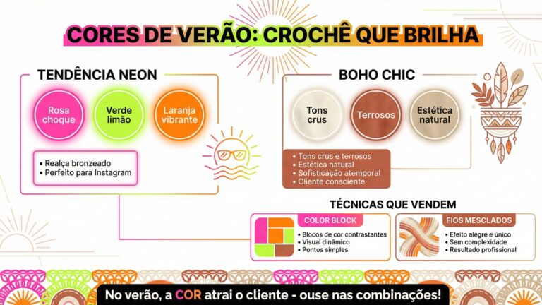 Infografico de tendencias de cores para croche de verao mostrando paleta neon e boho chic com tecnicas de color block e fios mesclados
