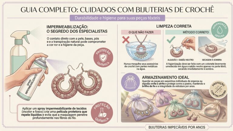 Infografico educativo mostrando tres etapas de cuidados com bijuterias de croche: impermeabilizacao com spray, limpeza correta com cotonete e armazenamento em saquinhos de organza