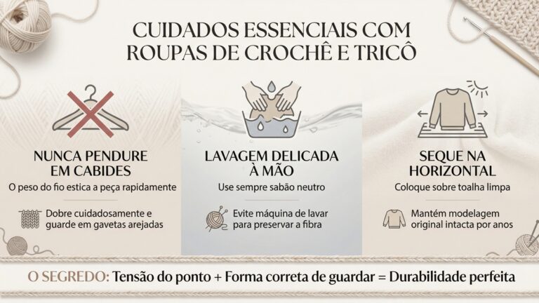 Guia visual de cuidados para preservar pecas de croche e trico com durabilidade - Imagem gerada com inteligencia artificial, licenca paga e uso exclusivo para este conteudo.