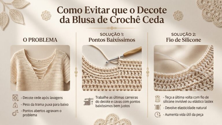 Infografico educativo sobre como evitar que o decote de blusa de croche ceda apos lavagens com solucoes profissionais