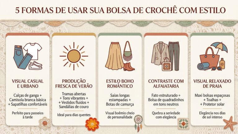 Infografico em portugues mostrando cinco formas de usar bolsa de croche com diferentes estilos de roupa