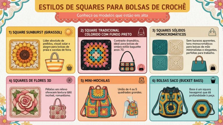 Infografico com estilos de squares para bolsas de croche: sunburst, tradicional colorido, solidos, flores 3D, mini-mochilas e bucket bags