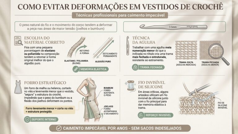 Infografico tecnico mostrando quatro metodos para evitar deformacoes em vestidos de croche: escolha de fios com elastano, uso de agulha menor, forro estrategico e fio invisivel de silicone