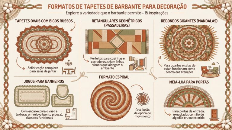 Infografico com formatos de tapetes de barbante: ovais com bicos russos, retangulares, mandalas, jogos banheiro, espiral e meia-lua