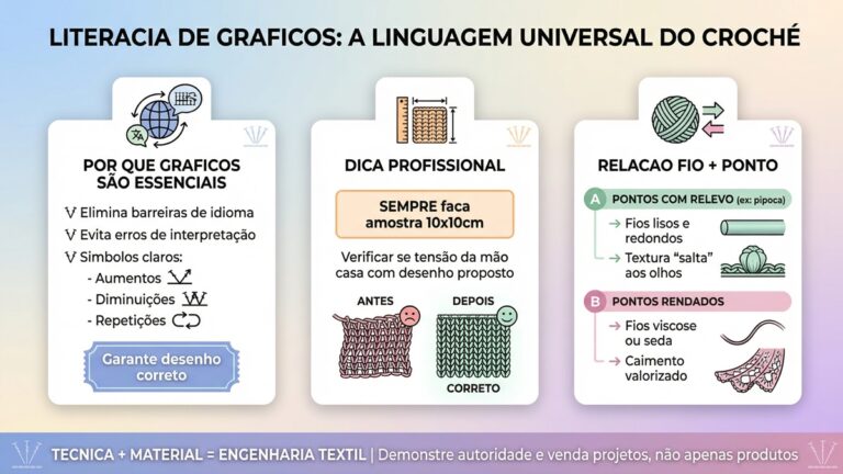 Infografico educativo sobre literacia de graficos de croche com dicas profissionais de amostragem e relacao entre tipos de fio e pontos