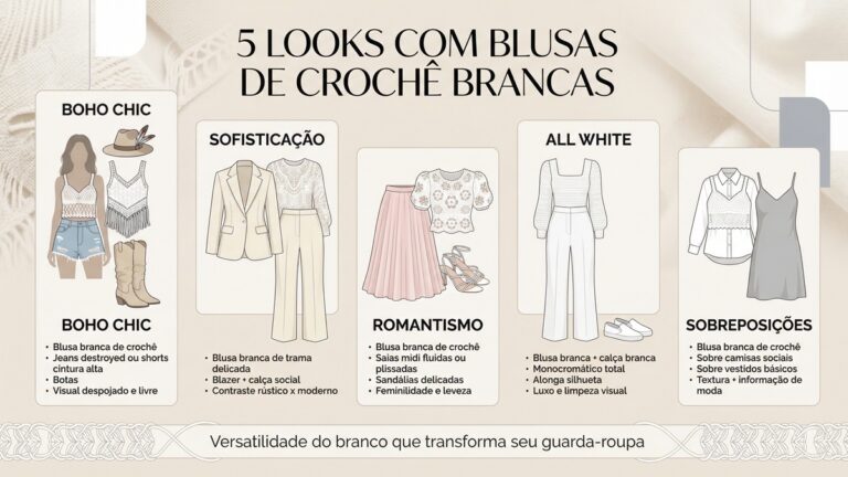 Infografico de moda com cinco estilos para usar blusas de croche brancas incluindo boho chic, sofisticacao, romantismo, all white e sobreposicoes em tons neutros