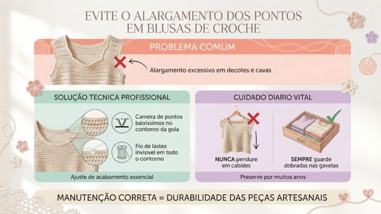 Infografico educativo mostrando como evitar alargamento de pontos em blusas de croche com solucoes tecnicas e cuidados de manutencao diaria
