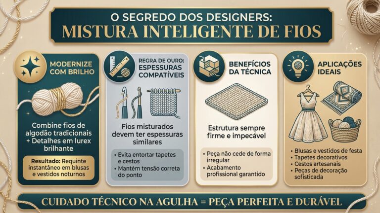 Infografico em portugues sobre tecnica de misturar diferentes fios no croche para modernizar pecas artesanais