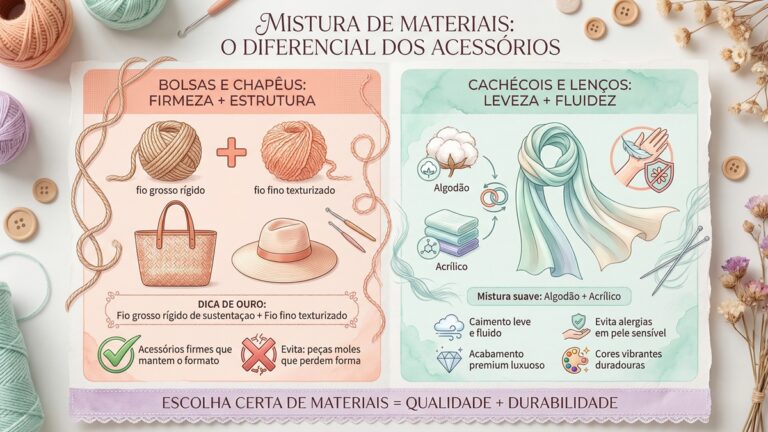 Infografico educativo mostrando mistura de materiais para acessorios de croche: fios rigidos para bolsas e algodao-acrilico para cachecois
