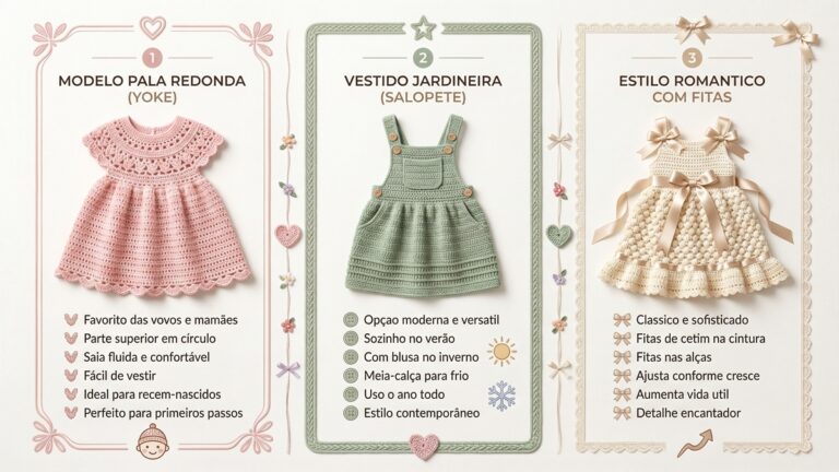 Infografico apresentando tres modelos de vestidos de croche infantil: pala redonda yoke, jardineira salopete e estilo romantico com fitas