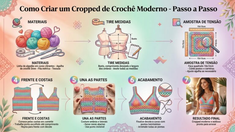 Infografico educativo com passo a passo completo para criar cropped de croche moderno desde materiais ate acabamento final