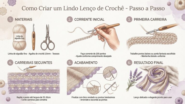 Infografico educativo com passo a passo completo para criar lenco de croche desde materiais ate acabamento final