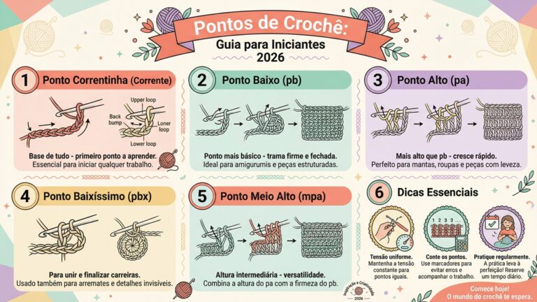 Infografico educativo com guia completo de pontos basicos de croche para iniciantes incluindo correntinha ponto baixo e ponto alto