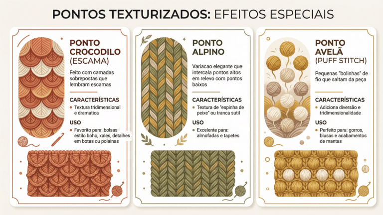 Infografico em portugues sobre pontos texturizados de croche incluindo Ponto Crocodilo, Ponto Alpino e Ponto Avela com caracteristicas e aplicacoes