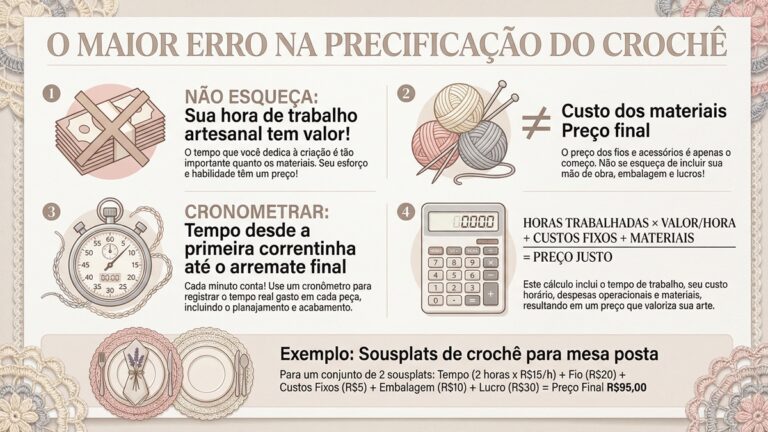 Infografico educativo sobre precificacao de croche artesanal destacando a importancia de calcular hora de trabalho
