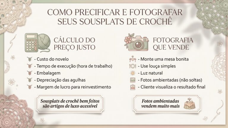 Infografico educativo sobre como calcular preco e fotografar sousplats de croche com dicas de precificacao e tecnicas de fotografia