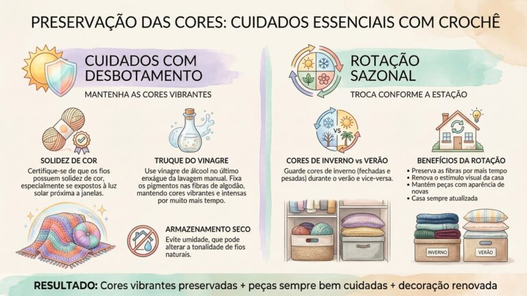 Infografico mostrando cuidados para prevenir desbotamento e estrategia de rotacao sazonal de pecas de croche