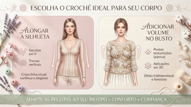 Infografico educativo mostrando como escolher graficos de croche ideais para diferentes proporcoes do corpo, com ilustracoes de decotes em V e pontos texturizados