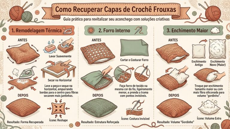 Infografico com tres solucoes praticas para recuperar capas de almofadas de croche frouxas incluindo remodelagem termica e forro interno