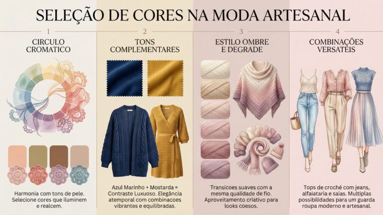 Infografico educativo sobre selecao de cores na moda artesanal de croche, mostrando circulo cromatico, tons complementares azul marinho e mostarda, tecnica ombre degrade e combinacoes versateis com diferentes pecas do guarda-roupa