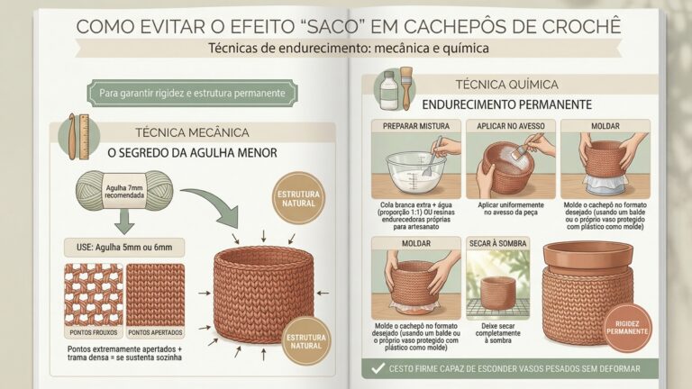 Infografico tecnico mostrando duas tecnicas para endurecer cachepos de croche: mecanica usando agulha menor para trama densa, e quimica com cola branca e agua aplicada no avesso com moldagem