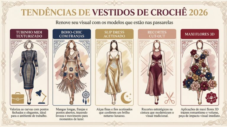 Infografico com tendencias de vestidos de croche 2026: tubinho midi, boho-chic, slip dress, cut-out e flores 3D