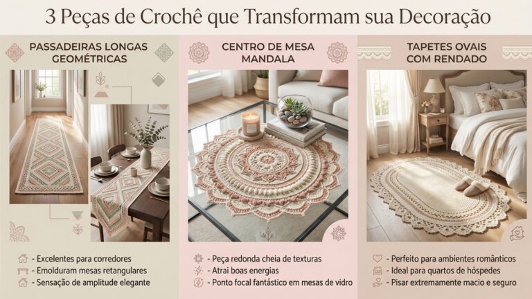 Infografico sobre tres tipos de pecas de croche para decoracao: passadeiras geometricas, centro de mesa mandala e tapetes ovais rendados