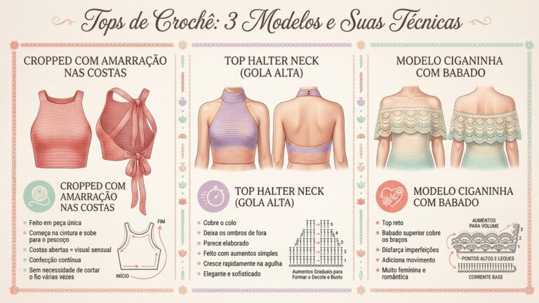 Infografico de moda com tres modelos de tops de croche e suas tecnicas de confeccao: cropped com amarracao nas costas, halter neck gola alta e ciganinha com babado