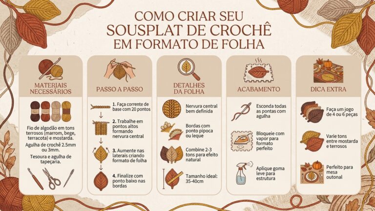 Infografico tutorial em portugues ensinando como criar sousplat de croche em formato de folha com tons terrosos e mostarda